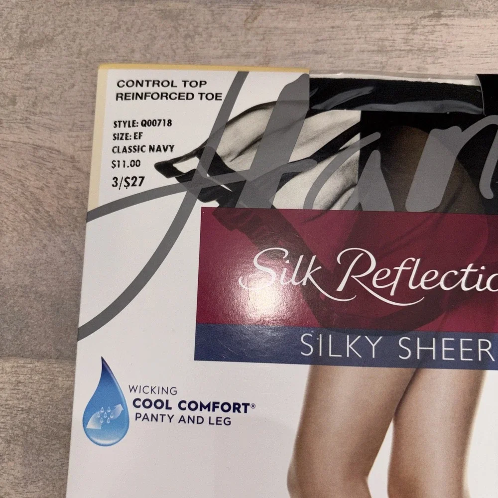 Hanes Silk Reflections Silky Sheer Control Top Reinforced Toe Sz EF Classic Navy